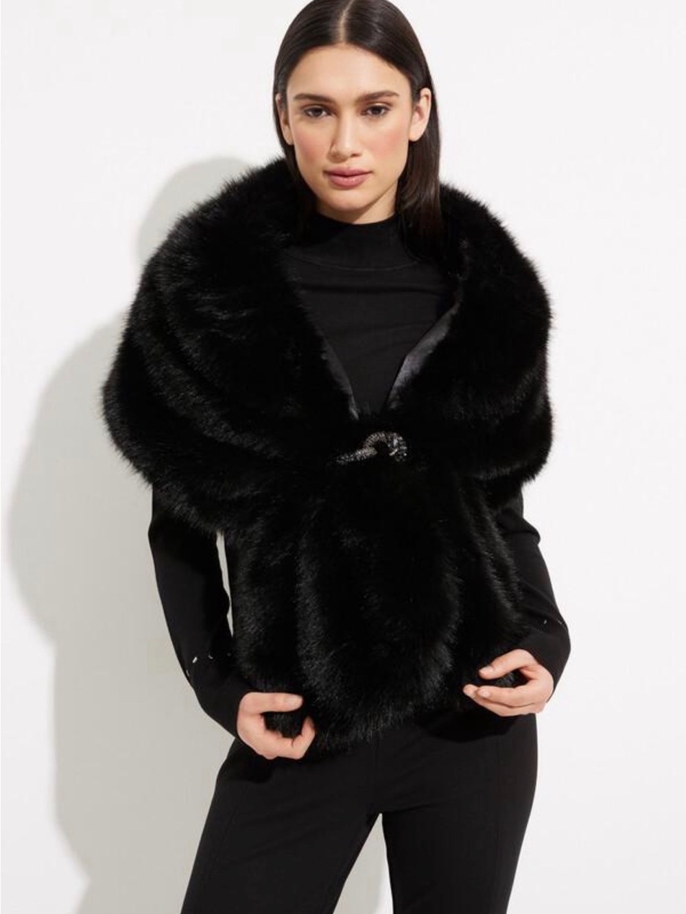 Joseph Ribkoff Black Faux Fur Shawl with Decorative Clasp